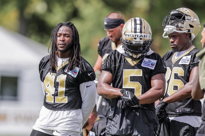 New Orleans Saints running backs Alvin Kamara (41) and Mark Ingram II (5) looks on during training camp at Ochsner Sports Performance Center. Mandatory Credit: Stephen Lew-USA TODAY Sports